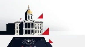 Editorial illustration of New Hampshire’s State House and an abstract online casino panel before a finance committee vote.