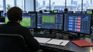 Sports data operator at a workstation with blurred screens supporting prediction-market settlement