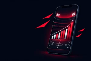 Abstract sports prediction market activity rising on a smartphone against a dark editorial background