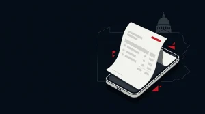 Illustration of a blank monthly gambling activity statement on a smartphone beside a Pennsylvania Capitol silhouette